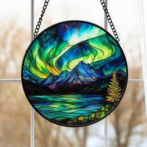 Faux Stained Glass Northern Light Suncatcher, Northern Aurora Stained Glass Art, Gift for her, House Decoration, Northern Light Ornament