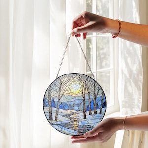 Stained Glass Winter Sunrise Suncatcher: Snow Scene Home Decor