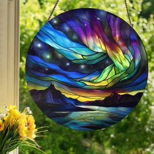 Aurora Borealis - Northern Lights: Stained Glass Style Window Hanging