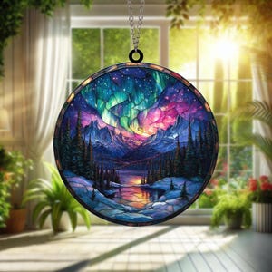 Handmade Aurora Borealis Stained Glass Suncatcher: Mystical Window Decor
