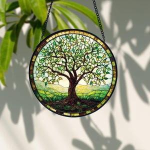 Handmade Tree of Life Stained Glass Window Hanging: Nature Decor
