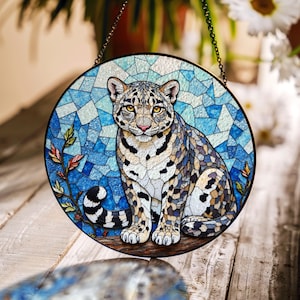 Stained Glass Snow Leopard Suncatcher Blue Artwork Gift