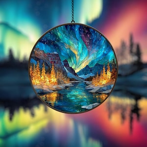 Aurora Borealis ACRYLIC Suncatcher - Faux Stained Glass Window Hanging with River, Pines, and Starry Mountain Sky - Nature Gift