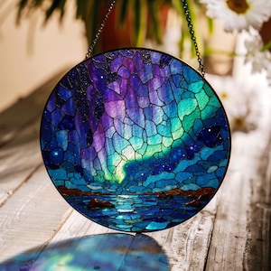 Northern Lights Stained Glass Suncatcher Aurora Borealis Window Decor Gift for Christmas or Nature Lover