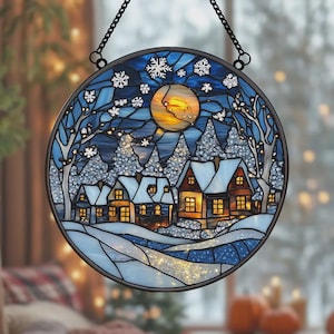 Snowy Village Faux Stained Glass Suncatcher, Cozy Acrylic Window Art For Holiday Decor