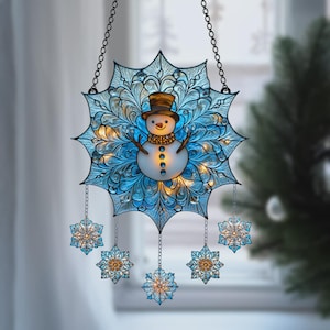 Snowman 2025 Christmas Ornament – Acrylic Window Hanging Faux Stained Glass Suncatcher With Dangling Snowflakes