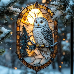 Moonlit Snowy Owl ACRYLIC Suncatcher – Winter Forest Window Light Catcher, Pine Tree Glass Panel, Mystical Christmas Home Decor Gift