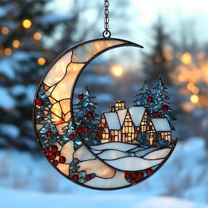 Winter Cottage Moon Acrylic Suncatcher And Ornament – Faux Stained Glass Christmas Window Decoration Gift
