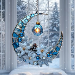 Winter Crescent Moon Acrylic Suncatcher – Faux Stained Glass Christmas Ornament 2025, Blue Silver Holiday Window Hanging Gift