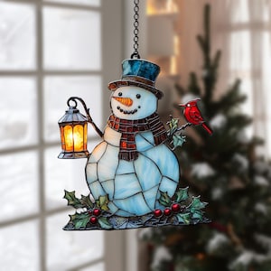 ACRYLIC Snowman Lantern Suncatcher – Winter Window Sun Catcher with Red Cardinal & Holly Berries, Cozy Christmas Decor Gift for Home