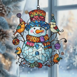 Snowman Christmas Ornament, Faux Stained Glass Acrylic Suncatcher 2025 Winter Holiday Window Hanging