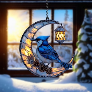 Winter Blue Jay ACRYLIC Window Suncatcher | Crescent Moon & Pine Lantern Scene, Snowy Bird Light Catcher for Cozy Christmas Home Decor