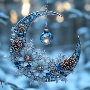 2025 Christmas Ornament, Blue Moon Acrylic Suncatcher, Faux Stained Glass Winter Decoration Gift