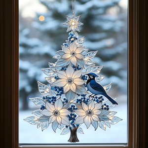 Blue Jay Christmas Tree Acrylic Suncatcher – White Floral Faux Stained Glass Window Hanging, Winter Holiday Home Decor Gift 2025