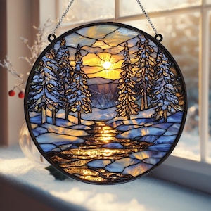 Winter Forest Acrylic Suncatcher, Faux Stained Glass Sunset Landscape Window Hanging, Cozy Home Decor Gift For Nature Lovers