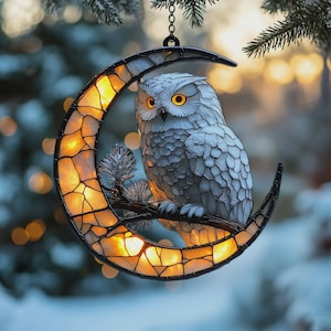 Snowy Owl Window Hanging Suncatcher And Ornament - Faux Stained Glass Christmas Gift 2025 Personalized Decor