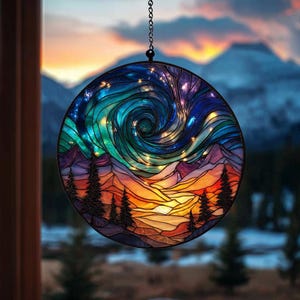 Northern Lights Aurora Glass Suncatcher, Forest Aurora Acrylic Window Hanging, Decor Gift for Nature Lovers Gift