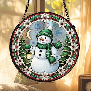 Cozy Snowman Stained Glass Suncatcher, Frosted Winter Window Hanging, Whimsical Glass Art Decoration, Seasonal Home Accent for Windows