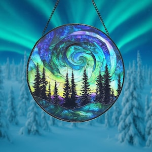 Northern Lights Aurora Stained Glass Window Suncatcher - Night Sky & Pine Trees