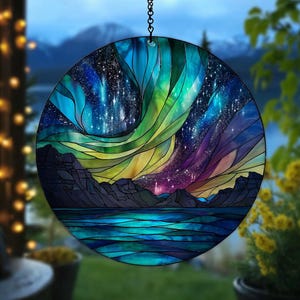 Aurora Borealis Suncatcher, Northern Lights Acrylic Window Hanging, Mountain Lake Landscape, Stained Glass Style Art, Nature Lover Gift