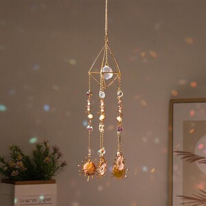 Crystal suncatcher geometric window hanging with sun gemstone prism accents for home decor