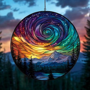 Northern Lights Aurora GLASS SUNCATCHER Forest Aurora Acrylic Window Hanging Handcrafted Northern Lights Decor Gift for Nature Lovers Gift