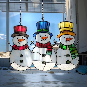 Trio Snowman Acrylic Suncatcher, Faux Stained Glass Christmas Window Hanging, Festive Winter Decoration For Families