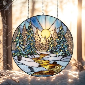 Winter Forest Acrylic, Glass Suncatcher Snowy Pines Window Hanging Decor