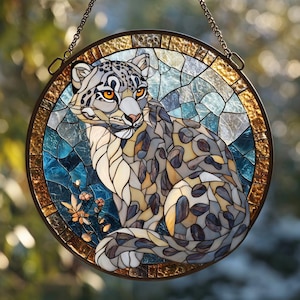 Snow Leopard Suncatcher Blue Artwork Gift Snow Leopard Suncatcher Blue Artwork Gift