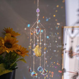 Crystal suncatcher geometric window hanging with yellow agate and prism accents