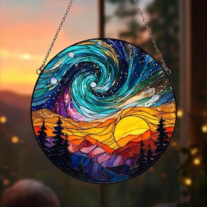 Northern Lights Aurora GLASS SUNCATCHER Forest Aurora Acrylic Window Hanging Handcrafted Northern Lights Decor Gift for Nature Lovers Gift